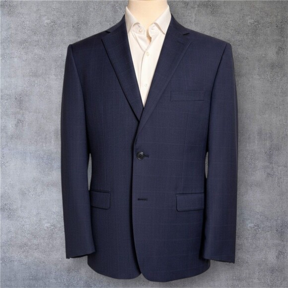 Ralph Lauren Men's 46R Navy Wool Blend Blazer Sport Coat 2-Button Jacket Plaid - Picture 2 of 15